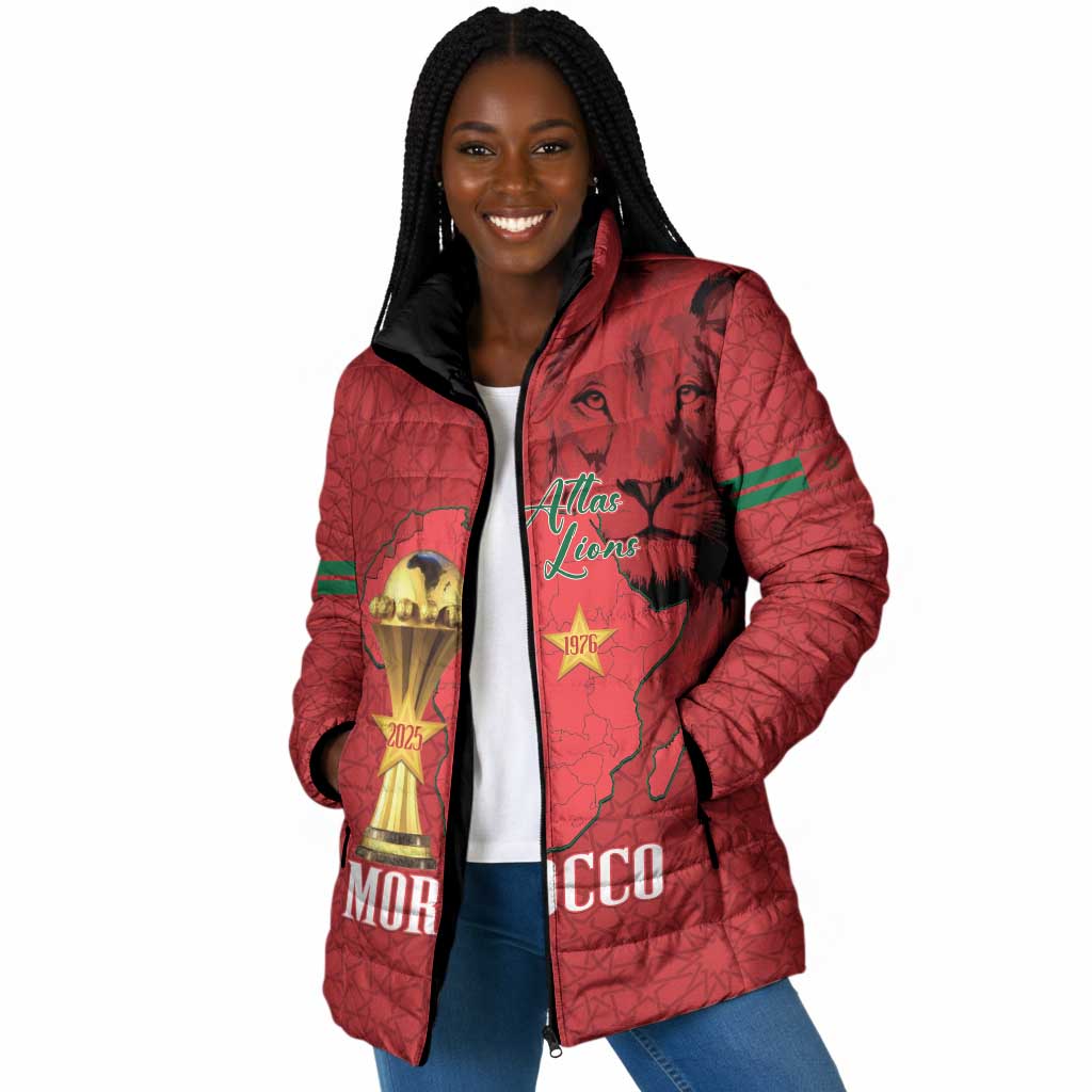 Morocco Football Custom Padded Jacket Atlas Lions Champions African Red Islamic Pattern