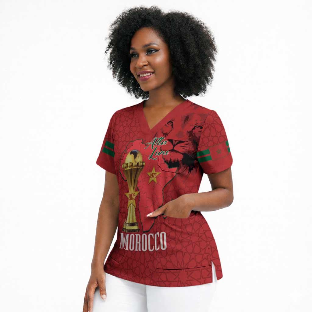 Morocco Football Custom Scrub Top Atlas Lions Champions African Red Islamic Pattern