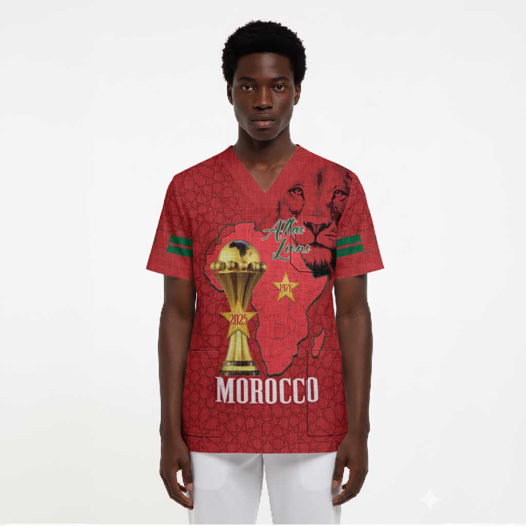 Morocco Football Custom Scrub Top Atlas Lions Champions African Red Islamic Pattern