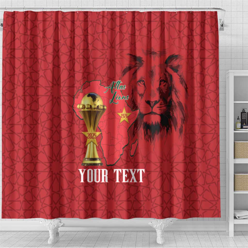 Morocco Football Custom Shower Curtain Atlas Lions Champions African Red Islamic Pattern