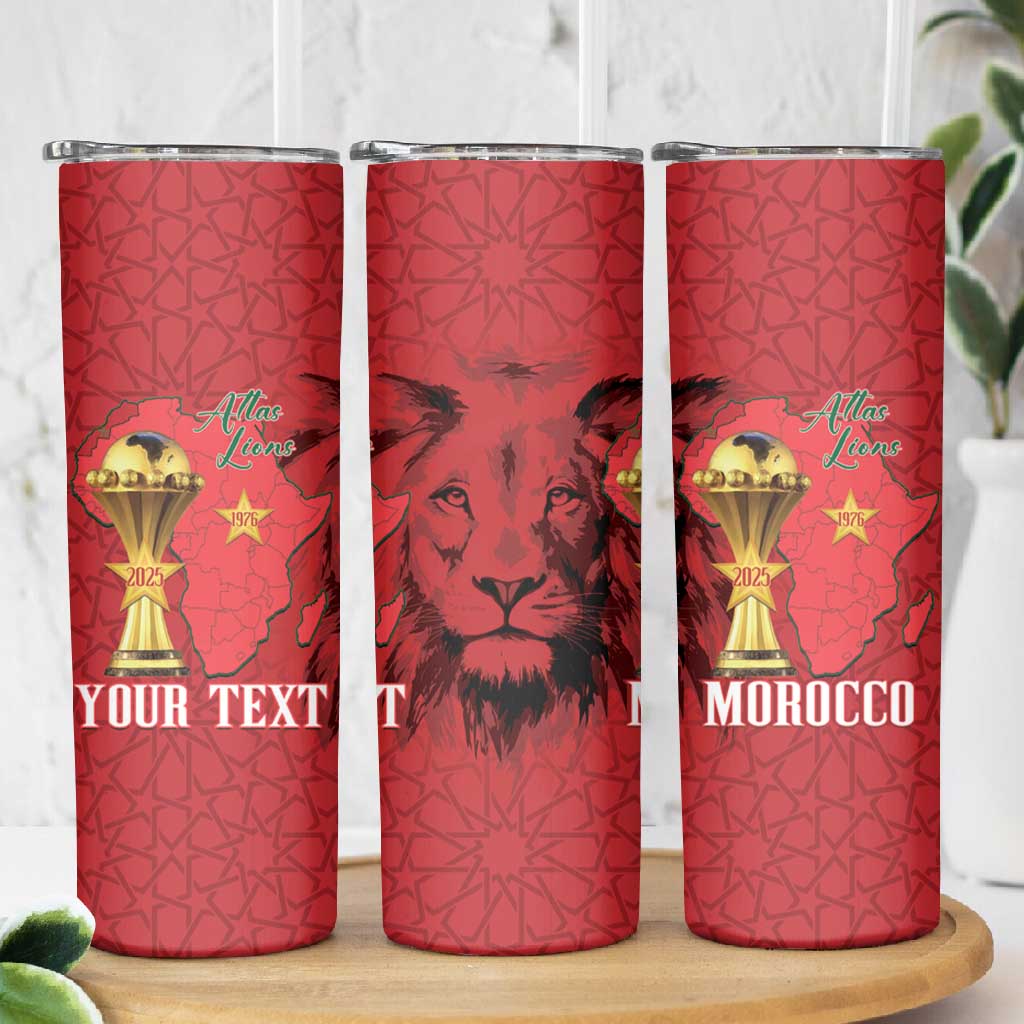Morocco Football Custom Skinny Tumbler Atlas Lions Champions African Red Islamic Pattern