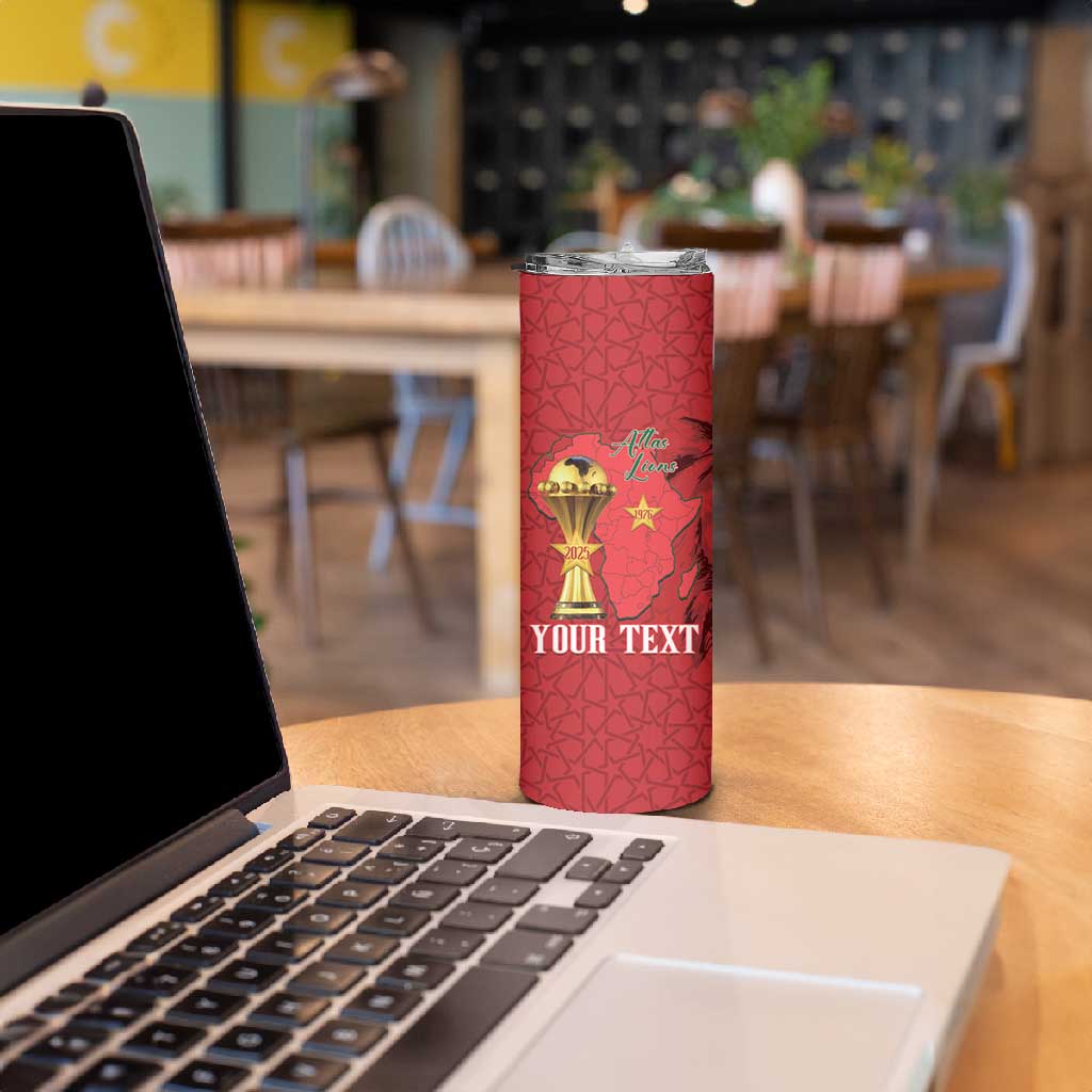 Morocco Football Custom Skinny Tumbler Atlas Lions Champions African Red Islamic Pattern