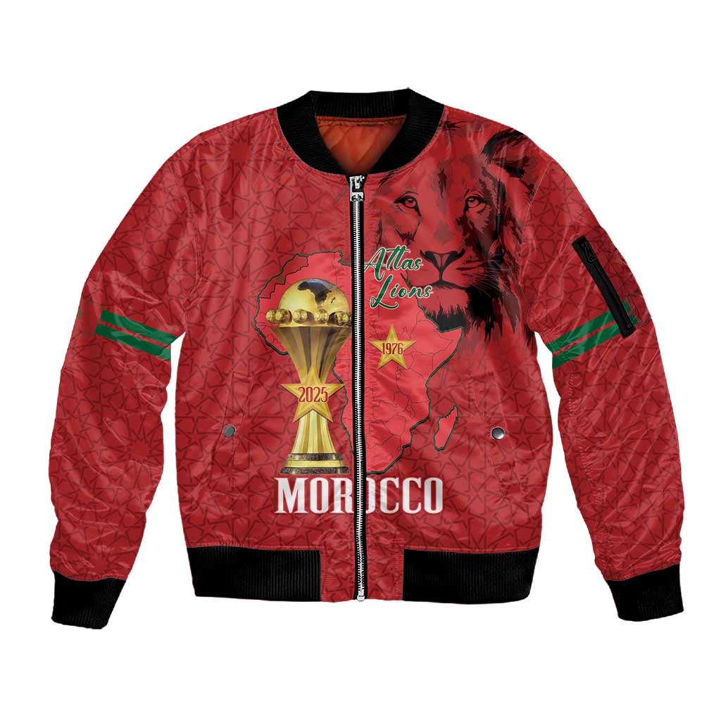 Morocco Football Custom Sleeve Zip Bomber Jacket Atlas Lions Champions African Red Islamic Pattern