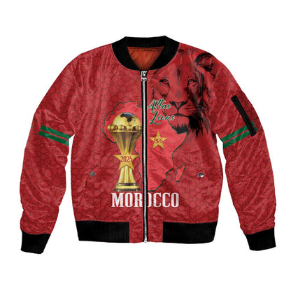 Morocco Football Custom Sleeve Zip Bomber Jacket Atlas Lions Champions African Red Islamic Pattern