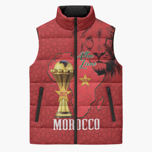 Morocco Football Custom Sleeveless Puffer Jacket Atlas Lions Champions African Red Islamic Pattern