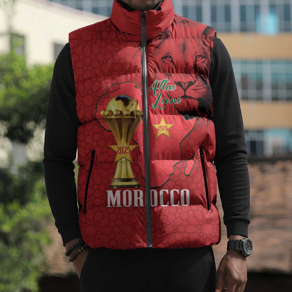 Morocco Football Custom Sleeveless Puffer Jacket Atlas Lions Champions African Red Islamic Pattern