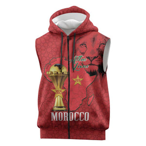 Morocco Football Custom Sleeveless Zip Hoodie Atlas Lions Champions African Red Islamic Pattern