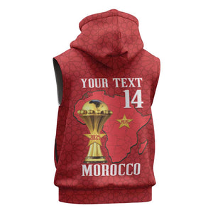 Morocco Football Custom Sleeveless Zip Hoodie Atlas Lions Champions African Red Islamic Pattern