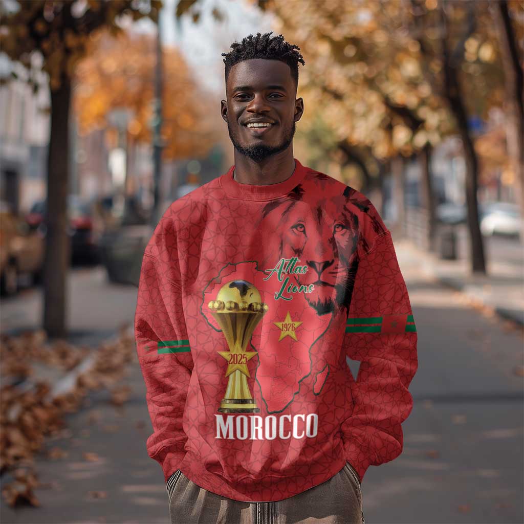 Morocco Football Custom Sweatshirt Atlas Lions Champions African Red Islamic Pattern