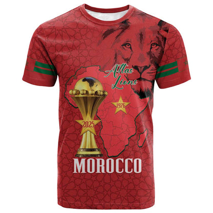 Morocco Football Custom T shirt Atlas Lions Champions African Red Islamic Pattern
