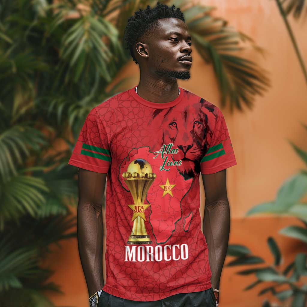 Morocco Football Custom T shirt Atlas Lions Champions African Red Islamic Pattern