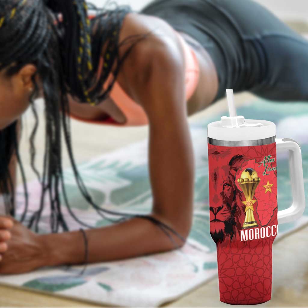 Morocco Football Custom Tumbler With Handle Atlas Lions Champions African Red Islamic Pattern