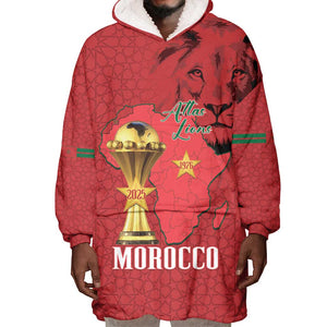 Morocco Football Custom Wearable Blanket Hoodie Atlas Lions Champions African Red Islamic Pattern