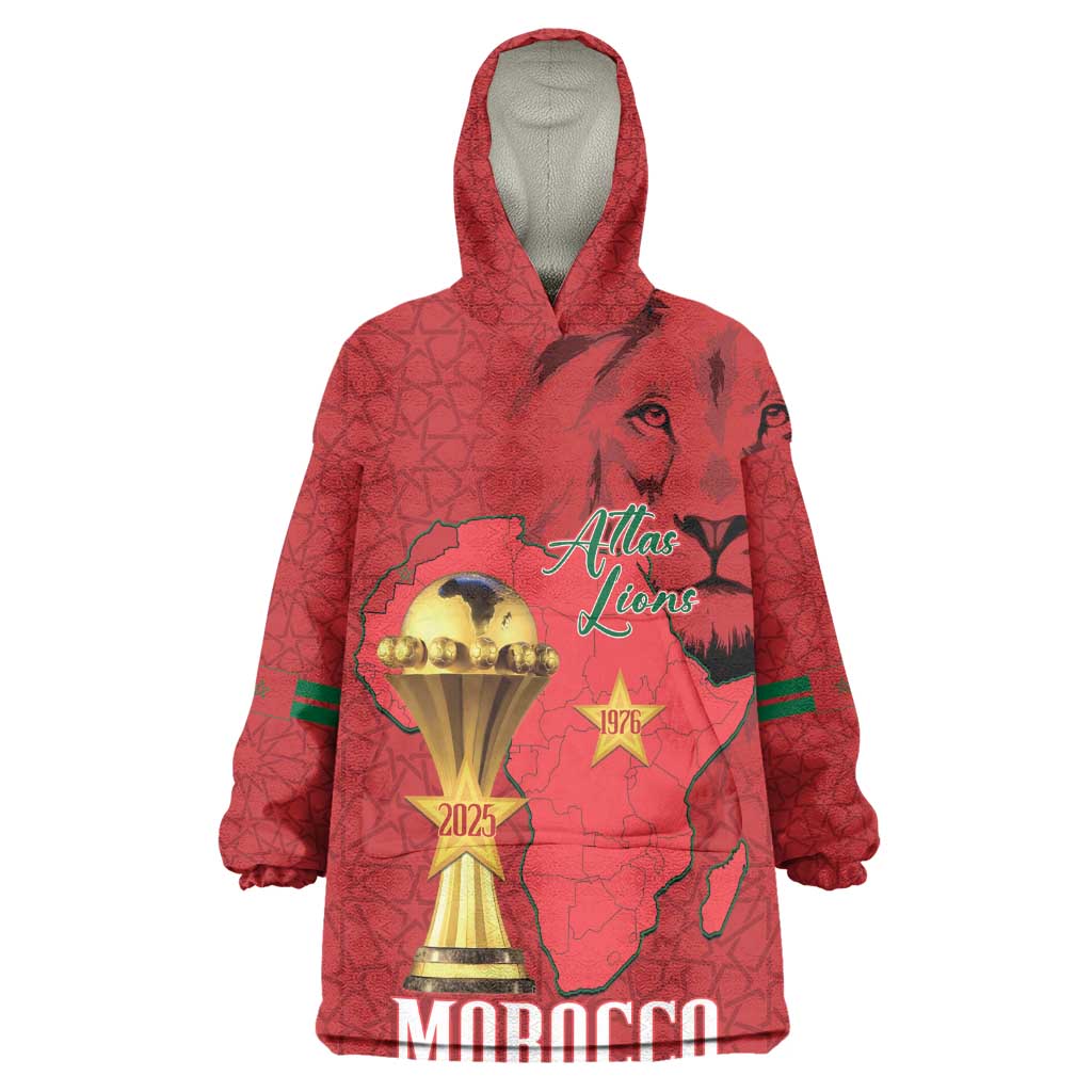 Morocco Football Custom Wearable Blanket Hoodie Atlas Lions Champions African Red Islamic Pattern