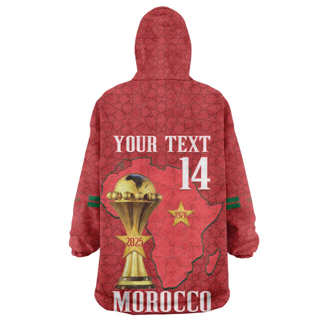 Morocco Football Custom Wearable Blanket Hoodie Atlas Lions Champions African Red Islamic Pattern