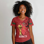 Morocco Football Custom Women V-Neck T-Shirt Atlas Lions Champions African Red Islamic Pattern