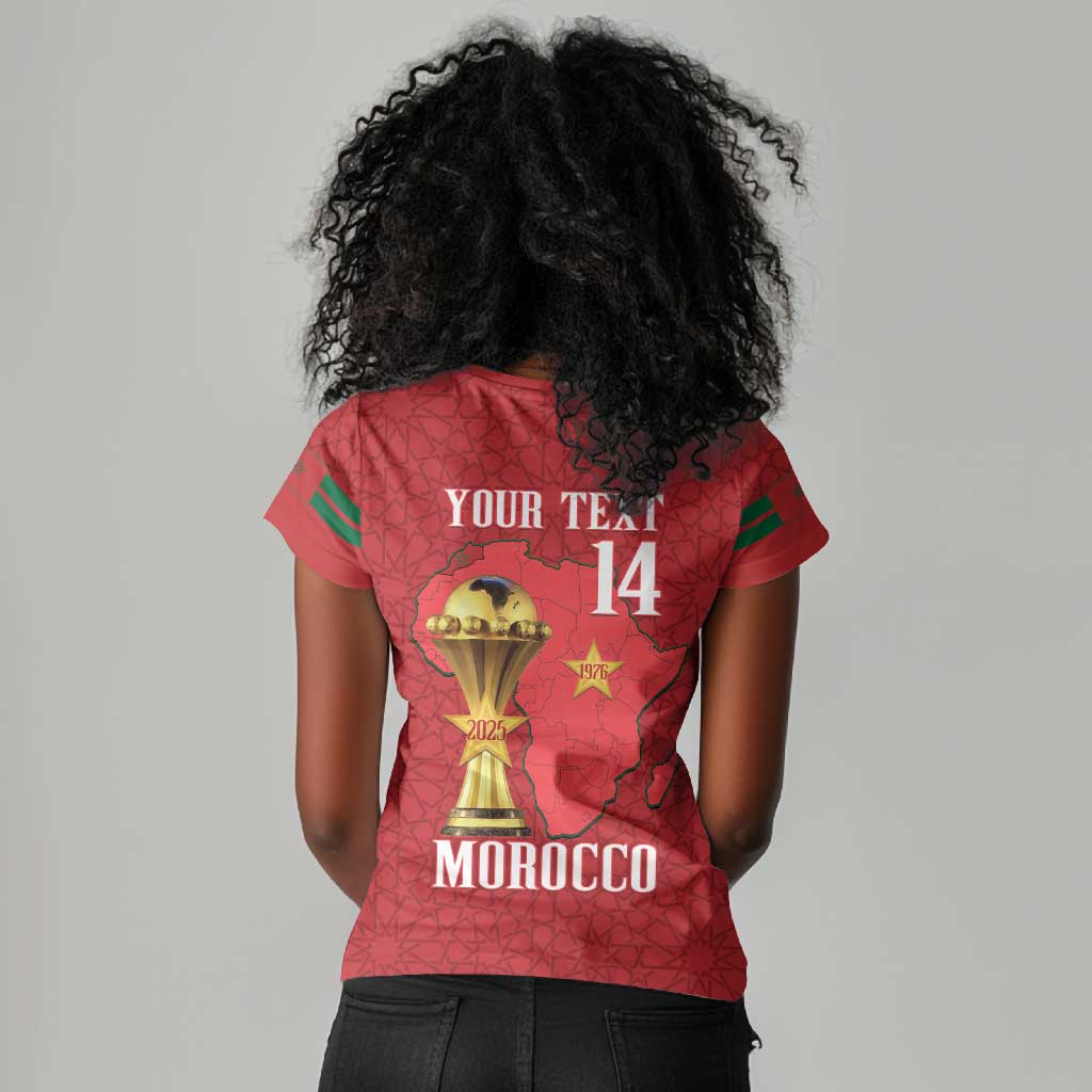 Morocco Football Custom Women V-Neck T-Shirt Atlas Lions Champions African Red Islamic Pattern