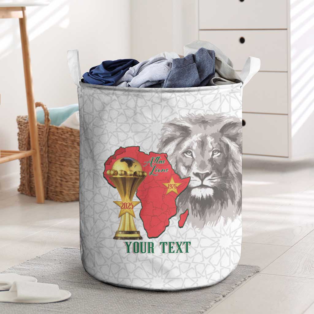 Morocco Football Custom Laundry Basket Atlas Lions Champions African White Islamic Pattern