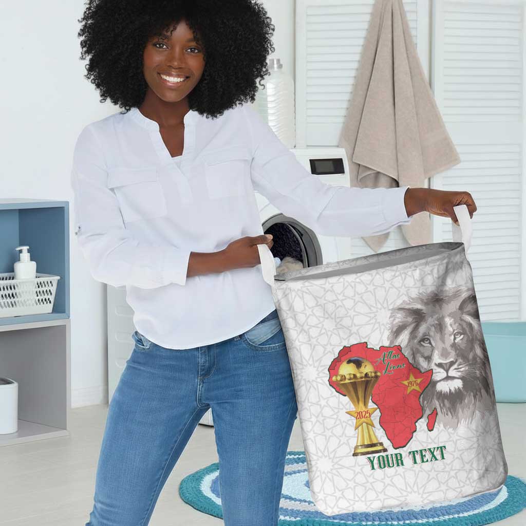 Morocco Football Custom Laundry Basket Atlas Lions Champions African White Islamic Pattern
