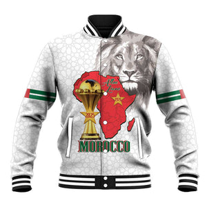 Morocco Football Custom Baseball Jacket Atlas Lions Champions African White Islamic Pattern