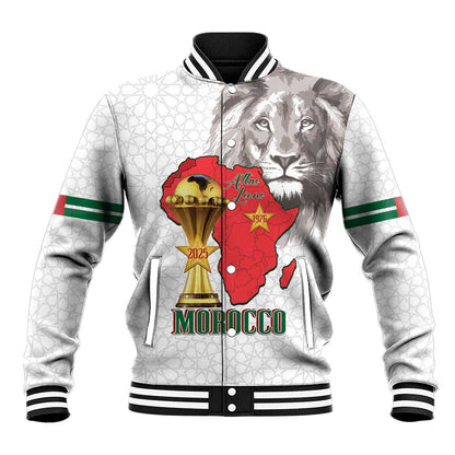 Morocco Football Custom Baseball Jacket Atlas Lions Champions African White Islamic Pattern