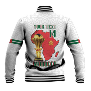 Morocco Football Custom Baseball Jacket Atlas Lions Champions African White Islamic Pattern