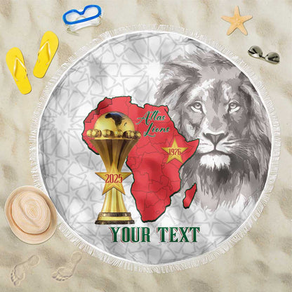 Morocco Football Custom Beach Blanket Atlas Lions Champions African White Islamic Pattern