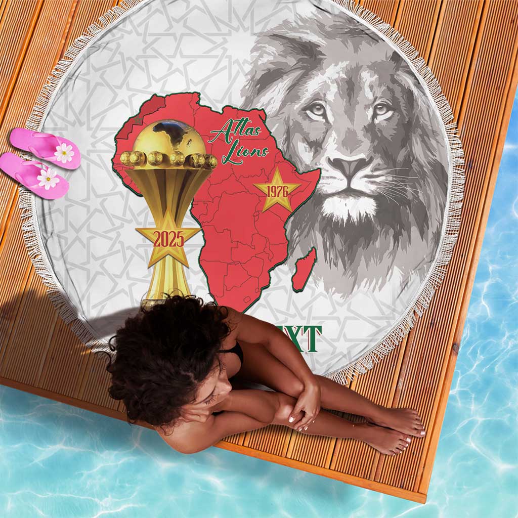 Morocco Football Custom Beach Blanket Atlas Lions Champions African White Islamic Pattern