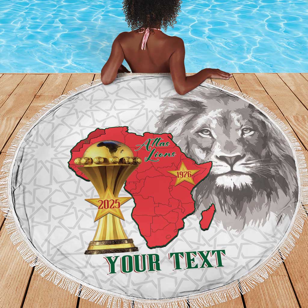 Morocco Football Custom Beach Blanket Atlas Lions Champions African White Islamic Pattern