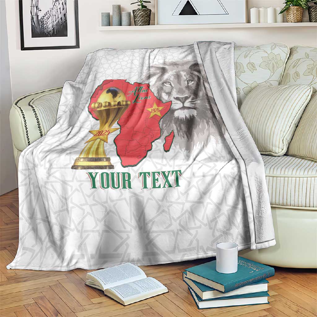 Morocco Football Custom Blanket Atlas Lions Champions African White Islamic Pattern