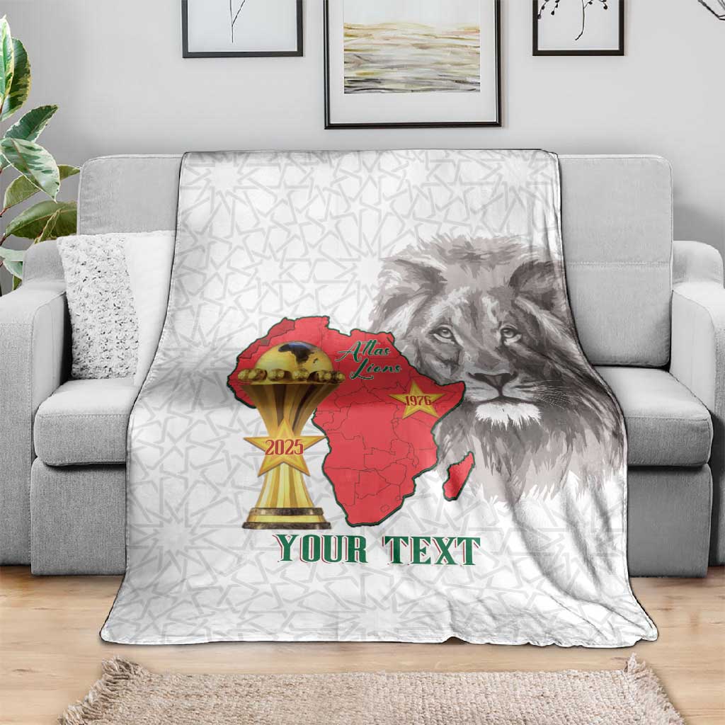 Morocco Football Custom Blanket Atlas Lions Champions African White Islamic Pattern