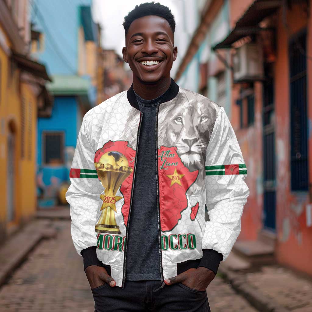 Morocco Football Custom Bomber Jacket Atlas Lions Champions African White Islamic Pattern