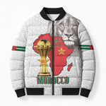 Morocco Football Custom Bomber Puffer Jacket Atlas Lions Champions African White Islamic Pattern