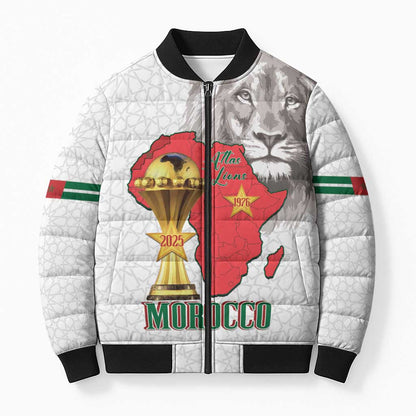 Morocco Football Custom Bomber Puffer Jacket Atlas Lions Champions African White Islamic Pattern