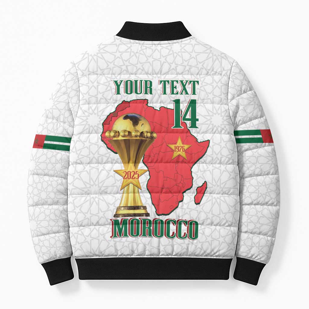 Morocco Football Custom Bomber Puffer Jacket Atlas Lions Champions African White Islamic Pattern