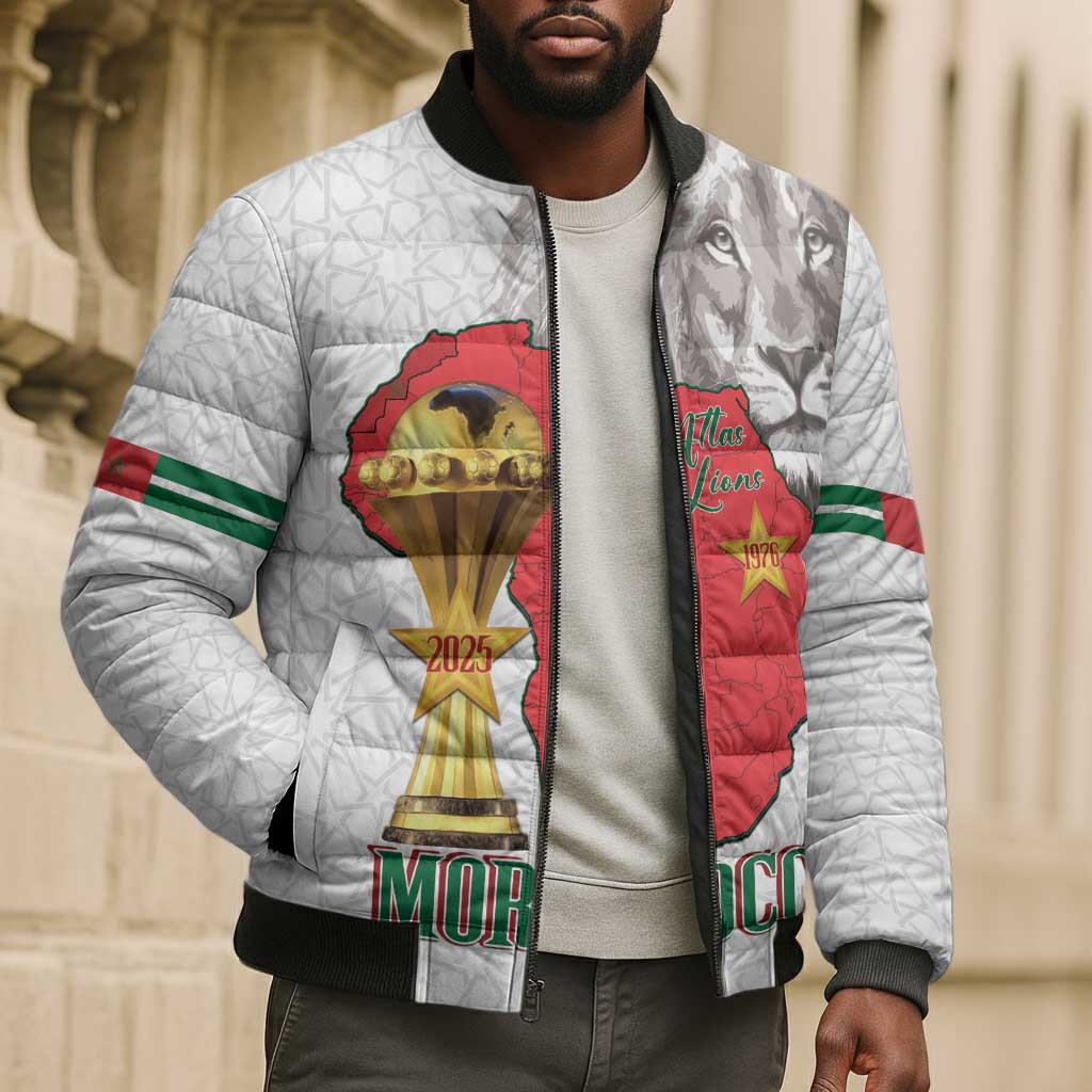 Morocco Football Custom Bomber Puffer Jacket Atlas Lions Champions African White Islamic Pattern