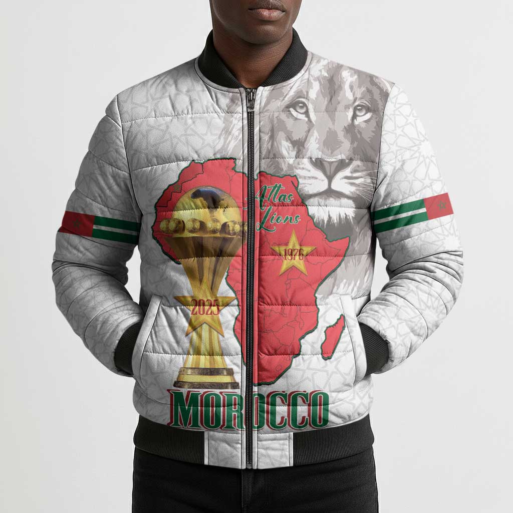 Morocco Football Custom Bomber Puffer Jacket Atlas Lions Champions African White Islamic Pattern
