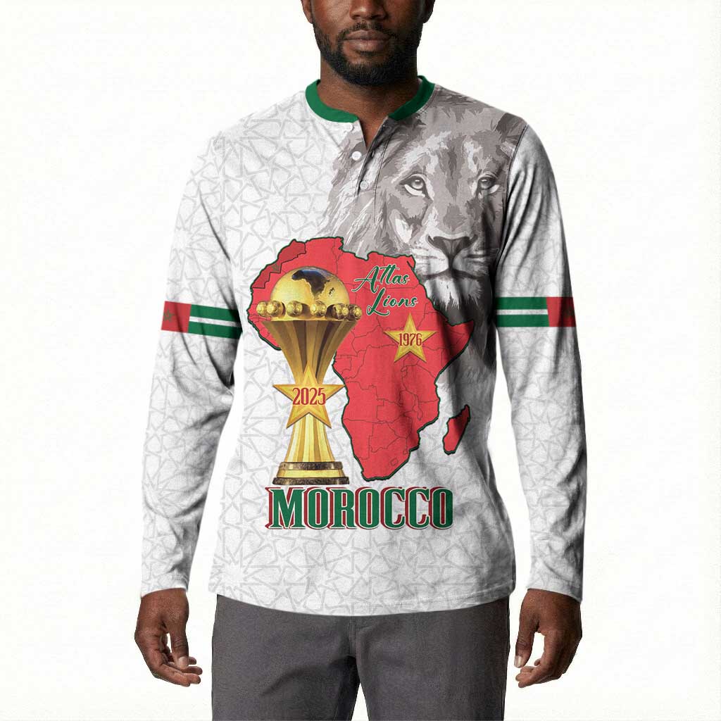 Morocco Football Custom Button Sweatshirt Atlas Lions Champions African White Islamic Pattern
