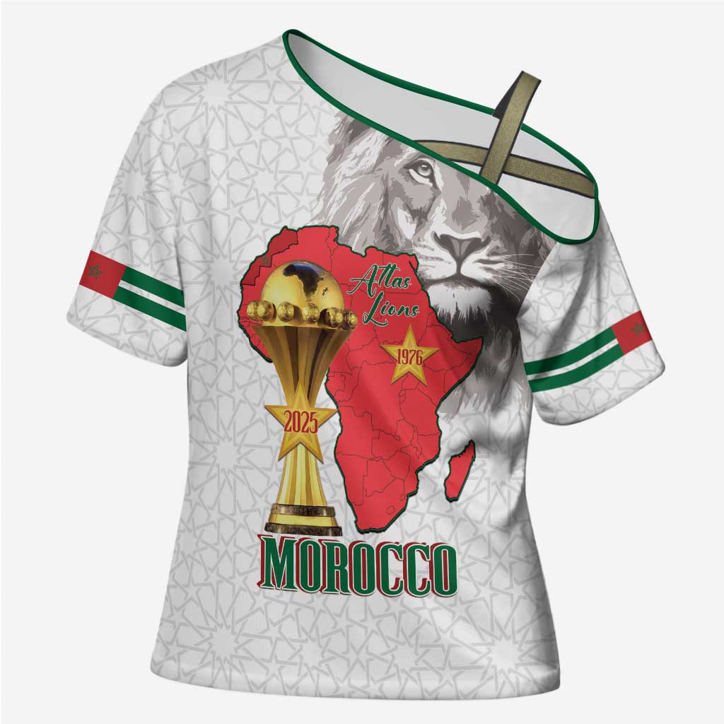 Morocco Football Custom Cross Shoulder Shirt Atlas Lions Champions African White Islamic Pattern