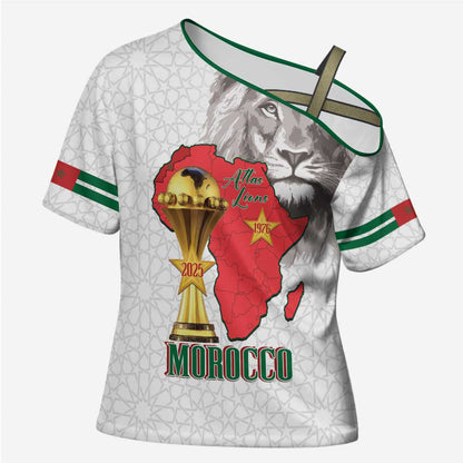 Morocco Football Custom Cross Shoulder Shirt Atlas Lions Champions African White Islamic Pattern