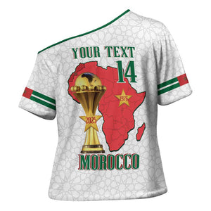 Morocco Football Custom Cross Shoulder Shirt Atlas Lions Champions African White Islamic Pattern