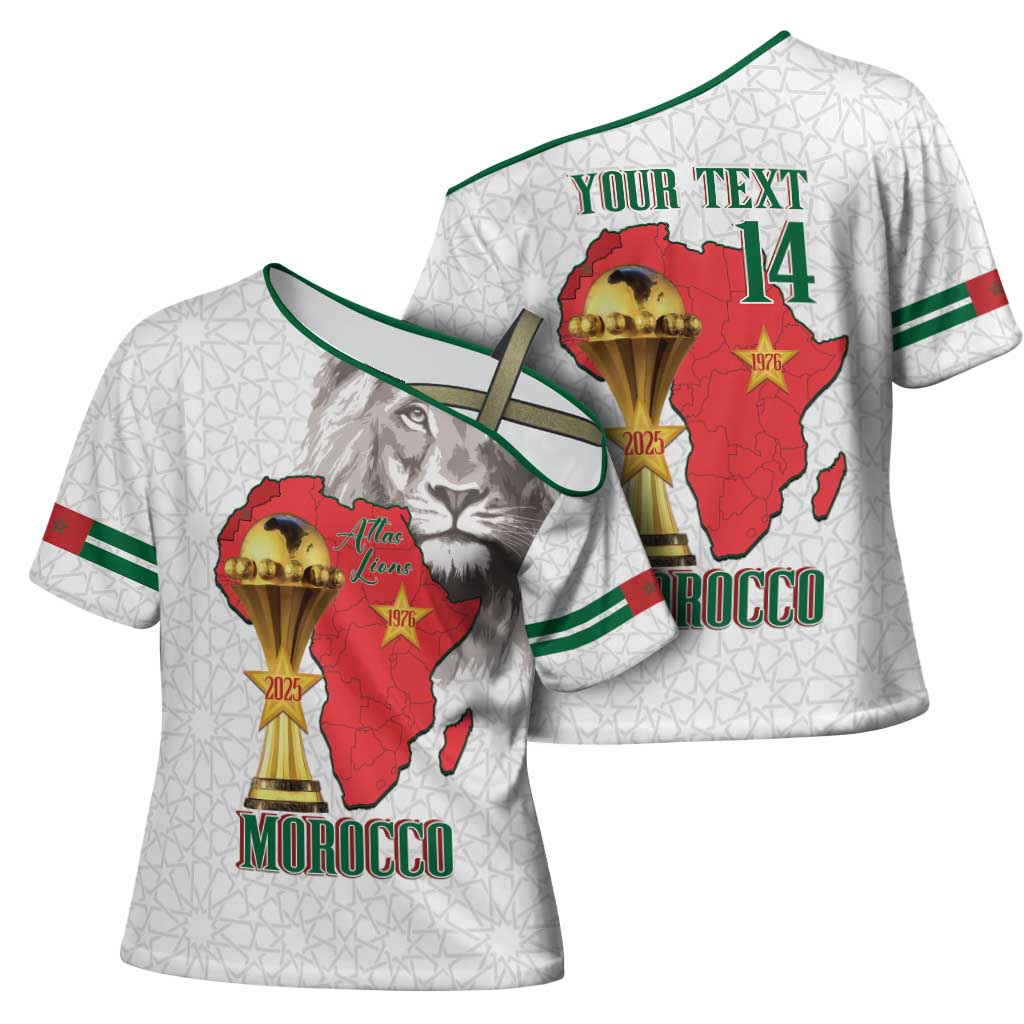 Morocco Football Custom Cross Shoulder Shirt Atlas Lions Champions African White Islamic Pattern