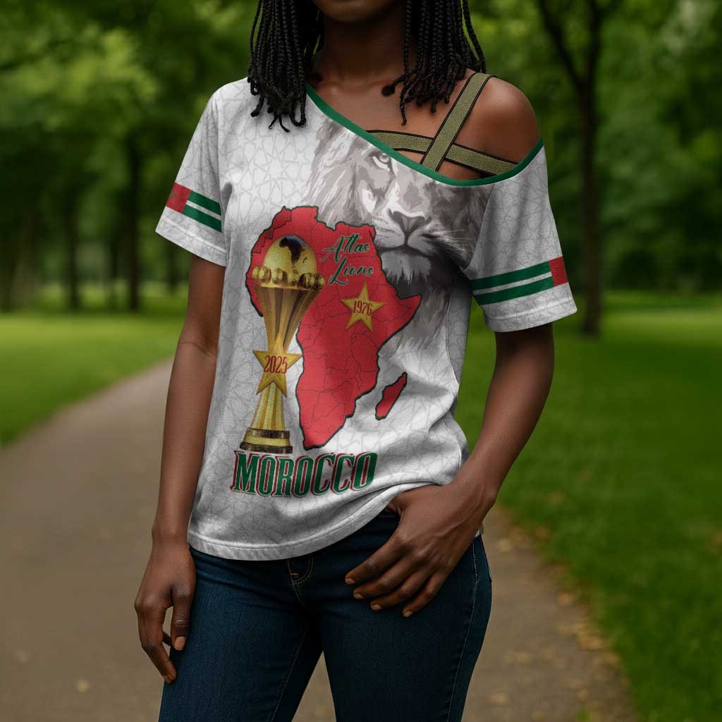 Morocco Football Custom Cross Shoulder Shirt Atlas Lions Champions African White Islamic Pattern