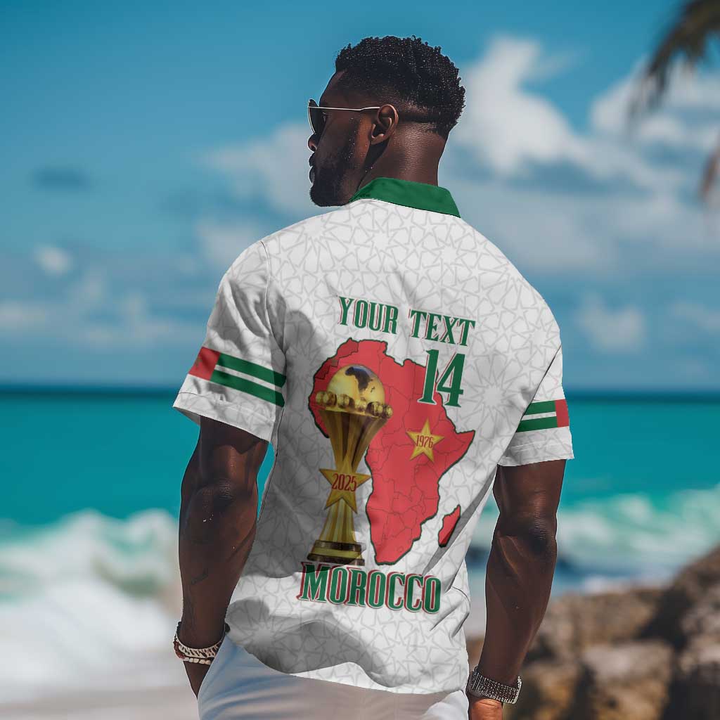 Morocco Football Custom Hawaiian Shirt Atlas Lions Champions African White Islamic Pattern
