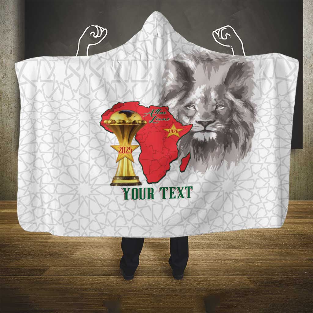 Morocco Football Custom Hooded Blanket Atlas Lions Champions African White Islamic Pattern