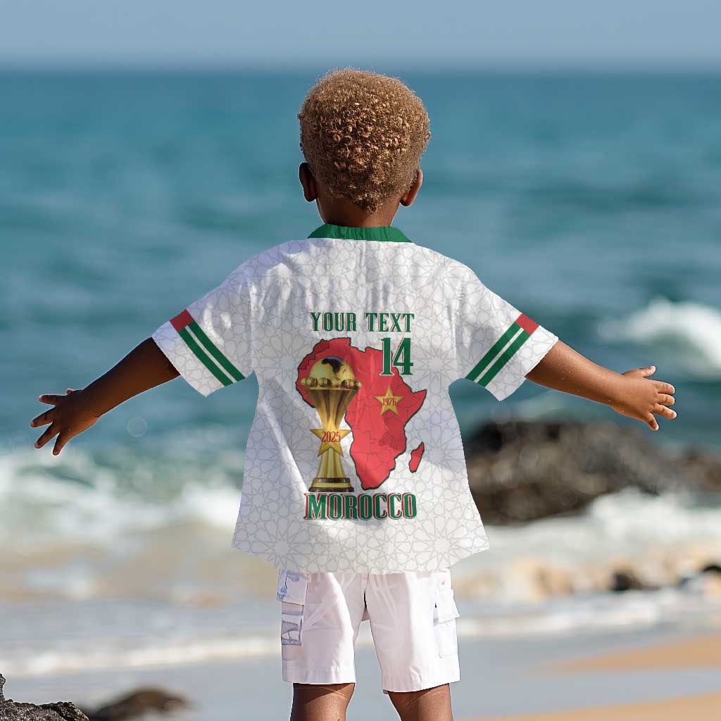 Morocco Football Custom Kid Hawaiian Shirt Atlas Lions Champions African White Islamic Pattern