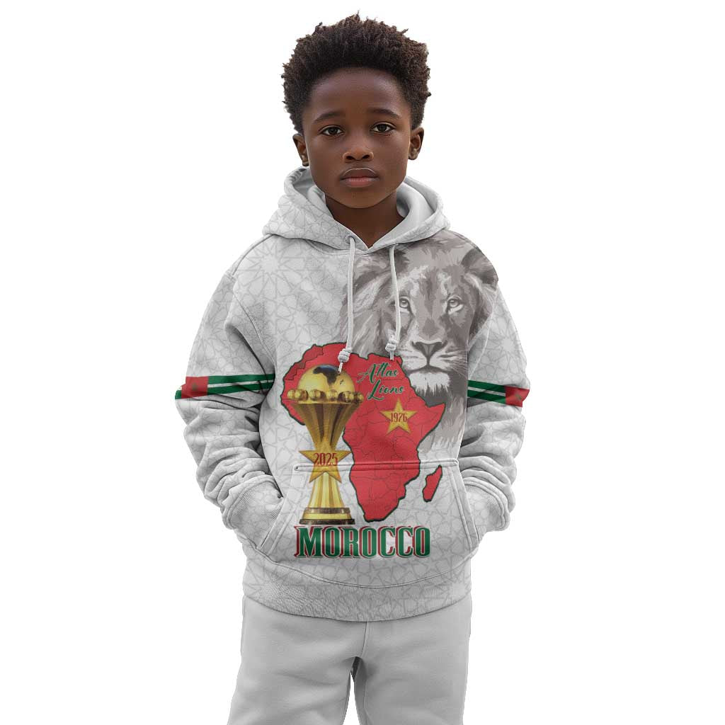 Morocco Football Custom Kid Hoodie Atlas Lions Champions African White Islamic Pattern