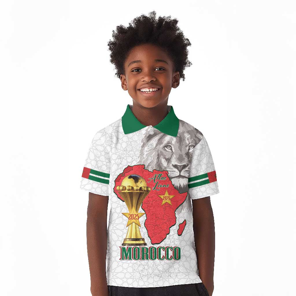 Morocco Football Custom Kid Polo Shirt Atlas Lions Champions African White Islamic Pattern