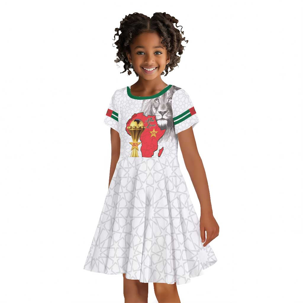 Morocco Football Custom Kid Short Sleeve Dress Atlas Lions Champions African White Islamic Pattern