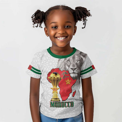 Morocco Football Custom Kid T shirt Atlas Lions Champions African White Islamic Pattern